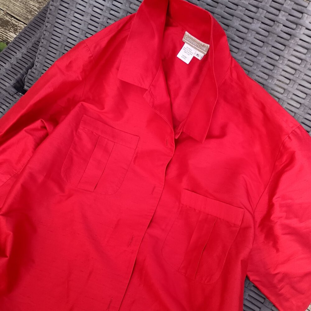 Coldwater Creek Raw Silk Cherry Red Shirt Jacket & Skirt Set | Petite Large / 10